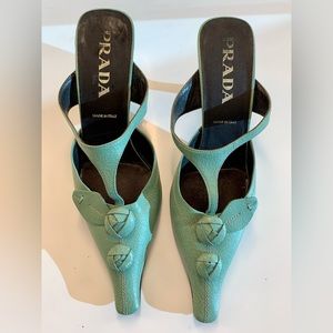 Genuine PRADA light green leather floral MULES 2” kitten heel sz 37 US 6.5-7